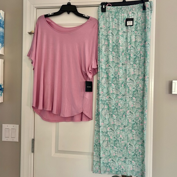 NWT! ELLEN TRACY 2-Pc.Solid Top & Floral Pants Sleep Set Pink/green multi sz XL - Picture 4 of 14